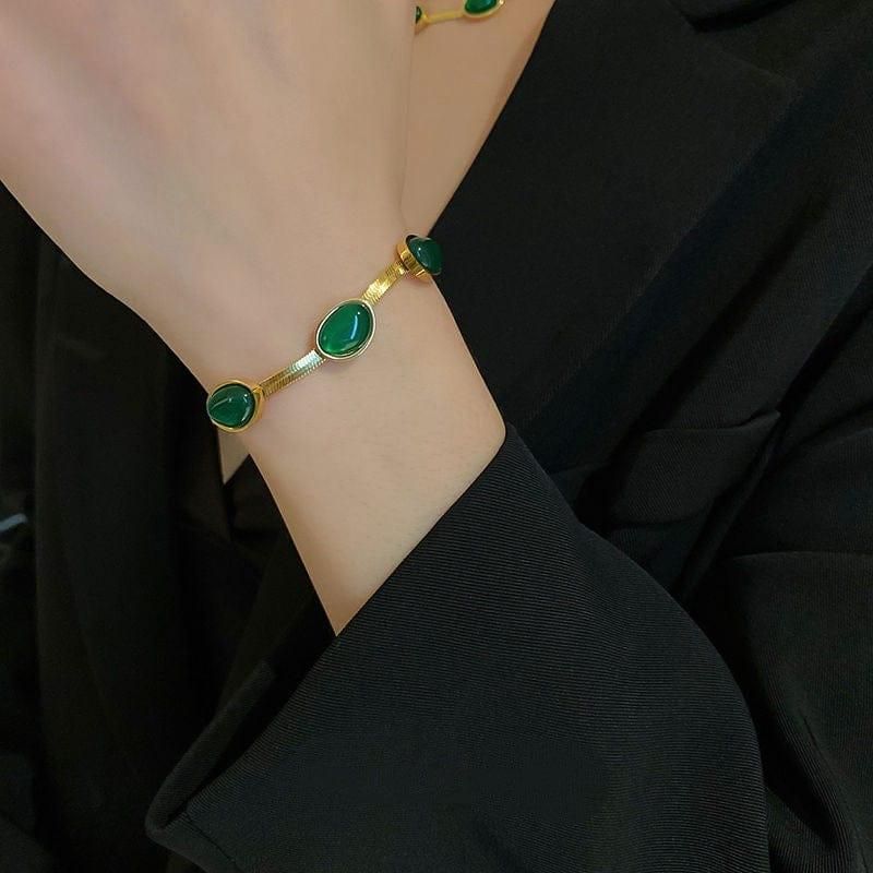 Oval Green Crystal Pendant Necklace Set with Matching Bracelet | Gold-Plated Jewelry Set for Women